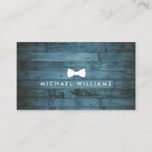 Rustic and Refined Mens Bow Tie Logo Blue Wood Business Card