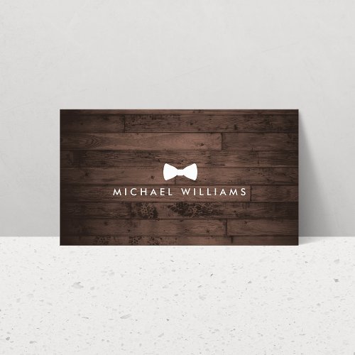 Rustic and Refined Mens Bow Tie Logo Brown Wood Business Card