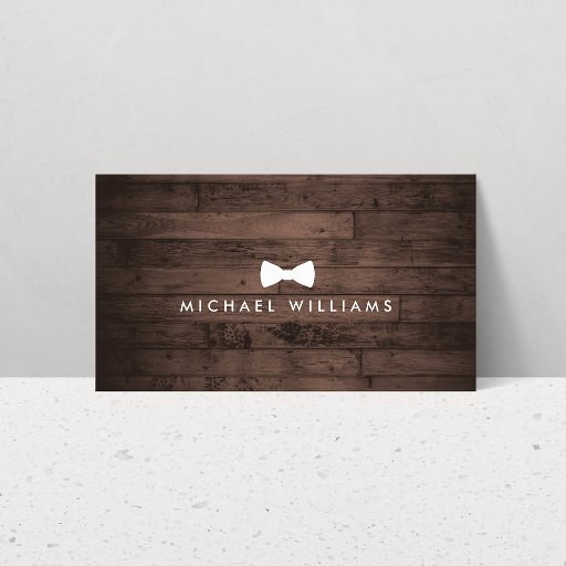 Customizable Rustic and Refined Men's Bow Tie Logo Brown Wood Business Card