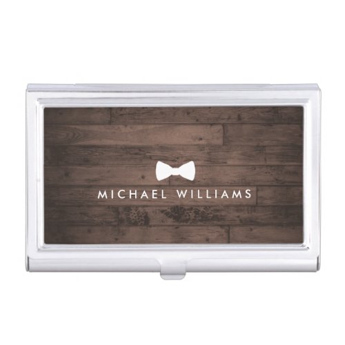 Rustic and Refined Mens Bow Tie Logo Brown Wood Business Card Holder