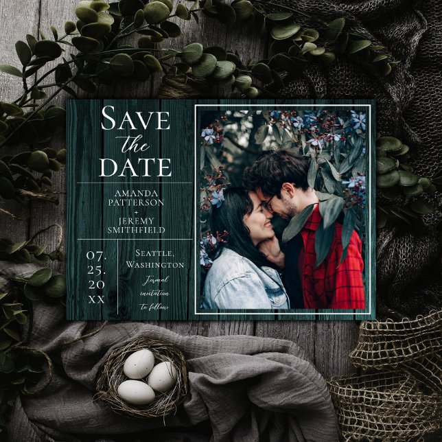Rustic and Simple Photo | Teal Save the Date (Teal Rustic and Simple Photo Save the Date)