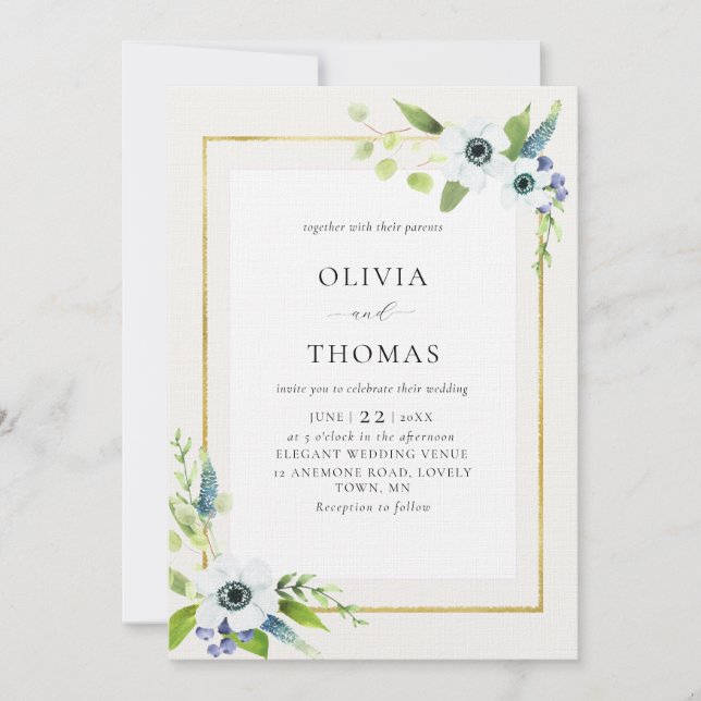 Rustic Anemone Blue Gold Floral Frame Wedding Invitation (Front)