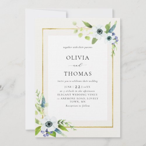 Rustic Anemone Blue Gold Floral Frame Wedding Invitation