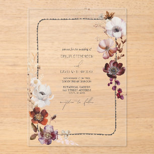 Rustic Anemone Floral Scalloped Hand Drawn Border Acrylic Invitations