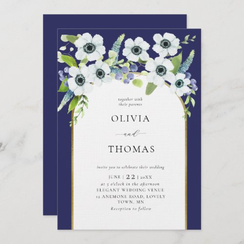 Rustic Anemone Navy Gold Floral Arch Wedding Invitation