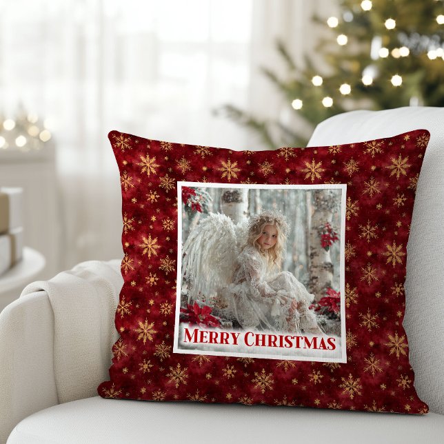 Rustic Angel Poinsettia Red Gold Custom Christmas  Throw Pillow (Rustic Angel Poinsettia Red Gold Custom Christmas Pillow

)
