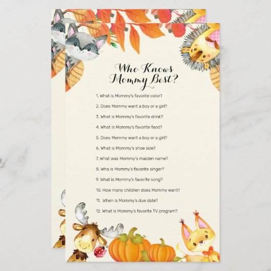 Rustic Animal Pumpkin Who Knows Mommy Best Game (Front/Back)