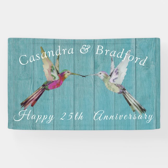 Rustic Anniversary  Hummingbird Teal Blue Wood  Banner (Horizontal)