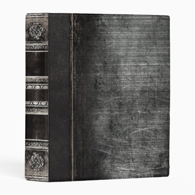 Rustic Antique Ancient Tome Faux Black Leather Mini Binder (Front/Spine)