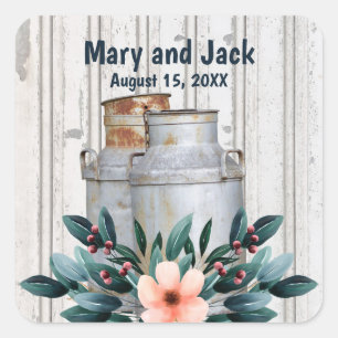 Rustic Antique Floral Milk Cans Vintage Square Sticker