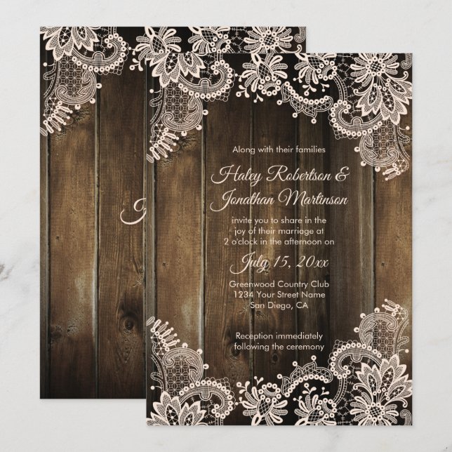 Rustic Antique Lace and Barn Wood Wedding Invitation (Front/Back)