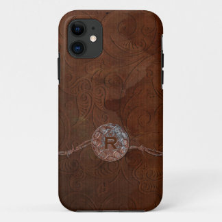 Rustic Antique Look Embossed Leather Monogram iPhone 11 Case