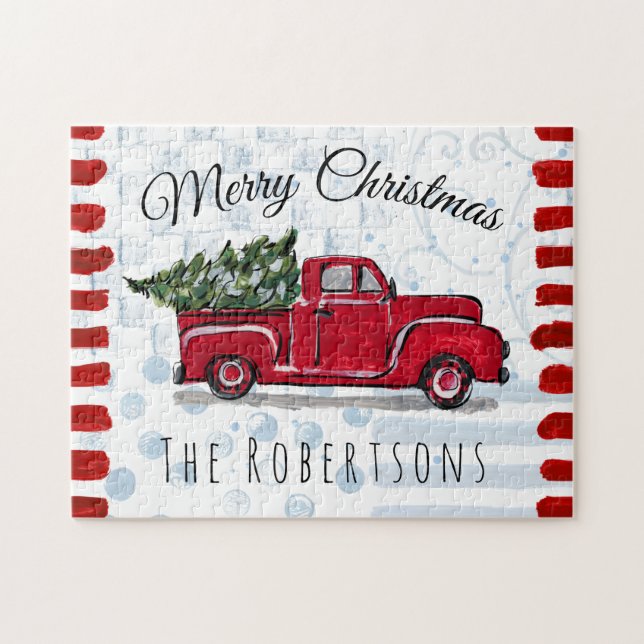 Rustic Antique Red Truck Personalized Jigsaw Puzzle (Horizontal)