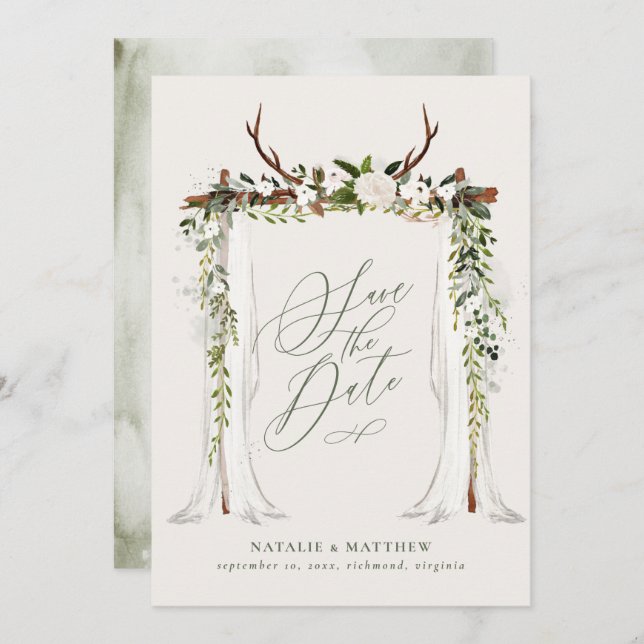 Rustic antler and foliage canopy wedding save the date (Front/Back)
