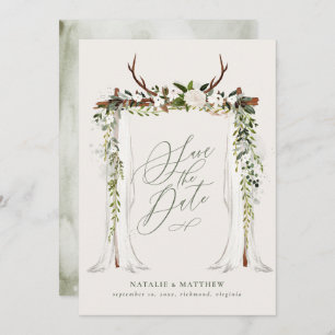 Rustic antler and foliage canopy wedding save the date