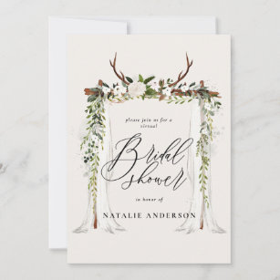 Rustic antler and foliage virtual bridal shower save the date
