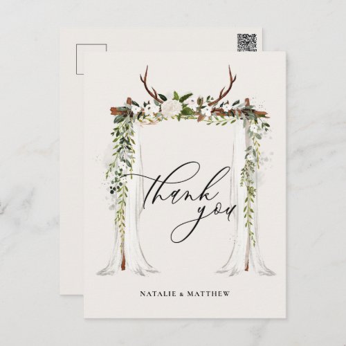Rustic antler and watercolor floral canopy wedding postcard