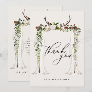 Rustic antler and watercolor floral canopy wedding thank you card