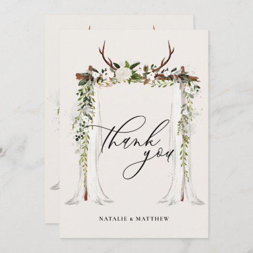 Rustic antler and watercolor floral canopy wedding thank you card