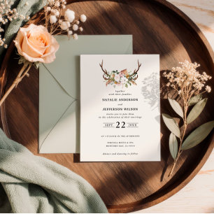 Rustic Antler Boho Floral Wedding Sage Green Wood Invitation
