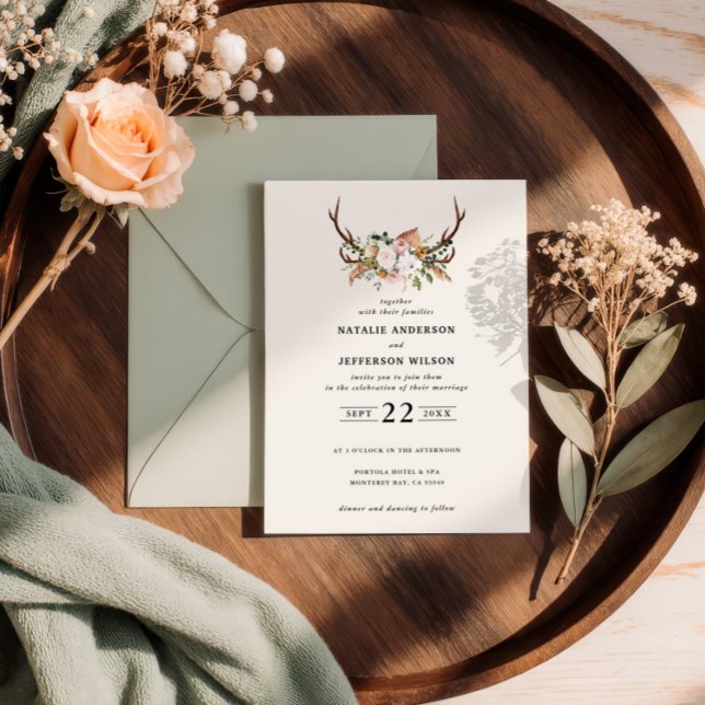 Rustic Antler Boho Floral Wedding Sage Green Wood Invitation (Creator Uploaded)