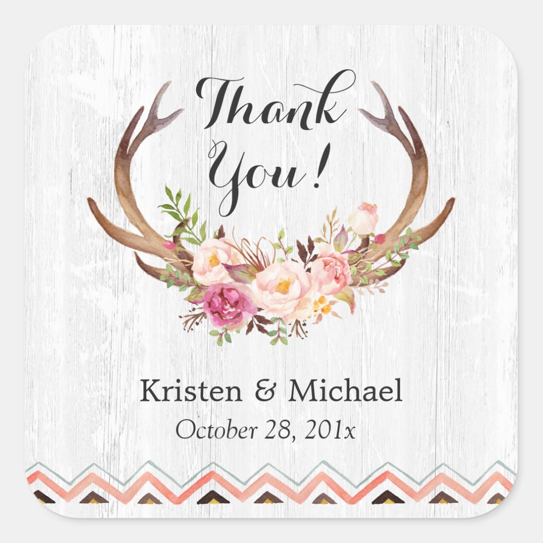 Rustic Antler Boho Floral White Wood Thank You Square Sticker | Zazzle