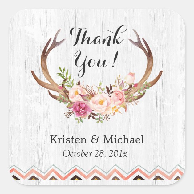 Rustic Antler Boho Floral White Wood Thank You Square Sticker