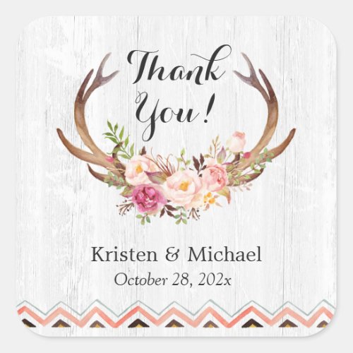 Rustic Antler Boho Floral White Wood Thank You Square Sticker