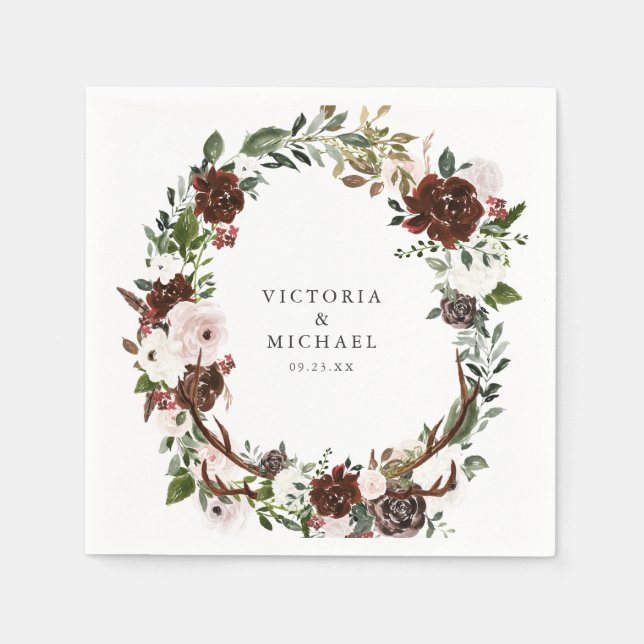 Rustic Antler Country Boho Floral Monogram Napkins (Front)