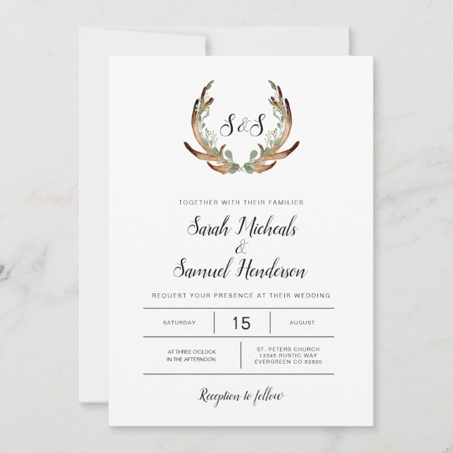Rustic Antler & Dark Greenery Watercolor Wedding Invitation (Front)