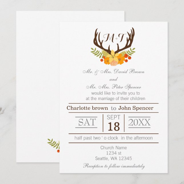 Rustic Antler Deer Floral Woodland Wedding Invitation (Front/Back)