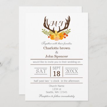 Rustic Antler Deer Floral Woodland Wedding Invitation