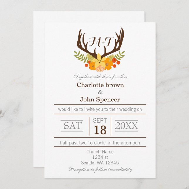 Rustic Antler Deer Floral Woodland Wedding Invitation (Front/Back)
