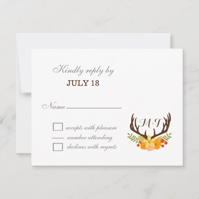 Rustic Antler Deer Floral Woodland Wedding RSVP Card (Front)
