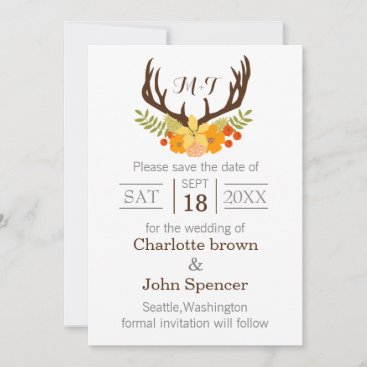 Rustic Antler Deer Floral Woodland Wedding Save The Date