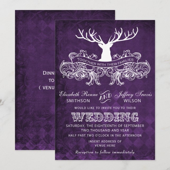 Rustic Antler, Deer Winter Woodland wedding invite (Front/Back)
