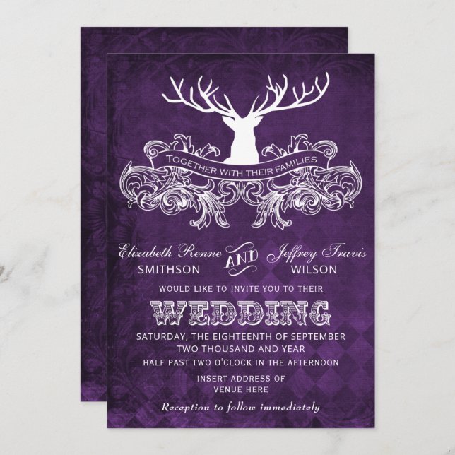 Rustic Antler, Deer Winter Woodland wedding invite (Front/Back)