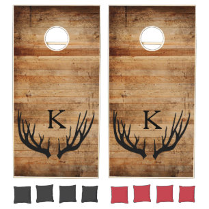 Rustic Antler Distressed Wood Wedding Monogrammed Cornhole Set