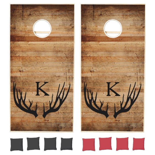 Rustic Antler Distressed Wood Wedding Monogrammed Cornhole Set (Set)