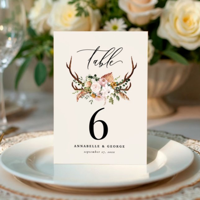 Rustic Antler Floral Wedding Boho Table Number Foam Board (Creator Uploaded)