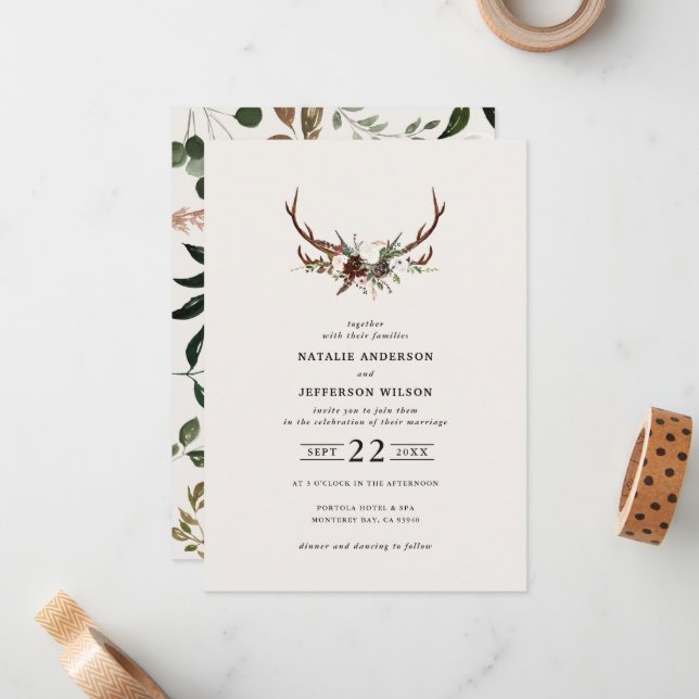 Rustic Antler Floral Wedding Boho Woodland Barn Note Card (Front/Back In Situ)