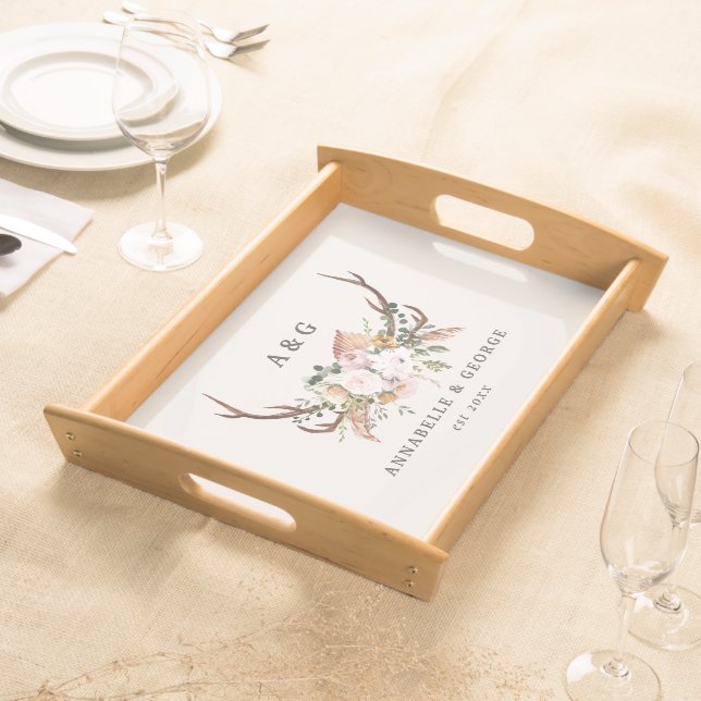 Rustic Antler Floral Wedding Boho Woodland Wrap Serving Tray (Front)