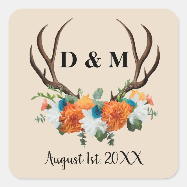 Rustic Antler Floral Wedding Save the Date Square Sticker (Front)