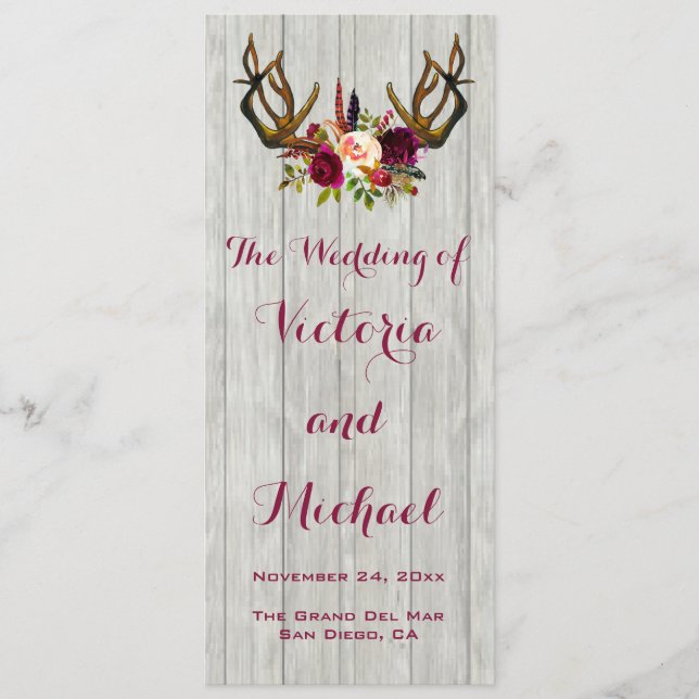 Rustic Antler floral wood wedding Program (Front)