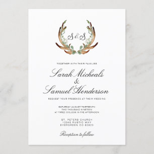 Rustic Antler Formal Dark Greenery Wedding Invitation