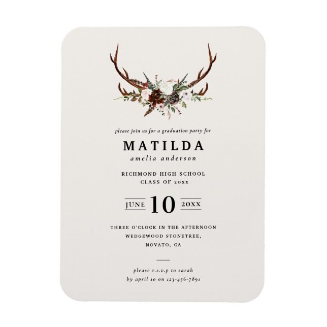 Rustic antler graduation party invite magnet (Vertical)
