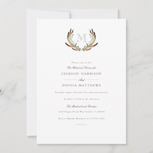 Rustic Antler & Initial Wedding Invite (Front)