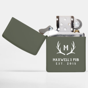 Rustic Antler Monogram Pub Name Year Established Zippo Lighter