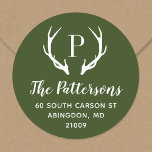Rustic Antler Monogram Return Address Label<br><div class="desc">Custom round return address stickers personalized with your family monogram and address. This modern rustic design features your monogram initial with deer antlers in hunter green and white colors. Use the design tools to change the background color and fonts to further customize your own unique design. Perfect for addressing holiday...</div>