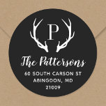 Rustic Antler Monogram Return Address Label<br><div class="desc">Custom round return address stickers personalized with your family monogram and address. This modern rustic design features your monogram initial with deer antlers in black and white colors. Use the design tools to change the background color and fonts to further customize your own unique design. Perfect for addressing holiday cards,...</div>